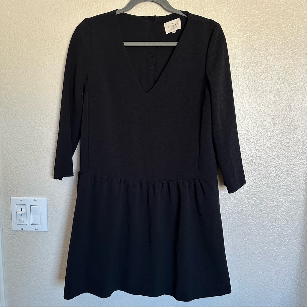 sezane Gilly wide a-line v-neck 3/4 sleeves button back lined black Mini Dress. - Picture 2 of 10
